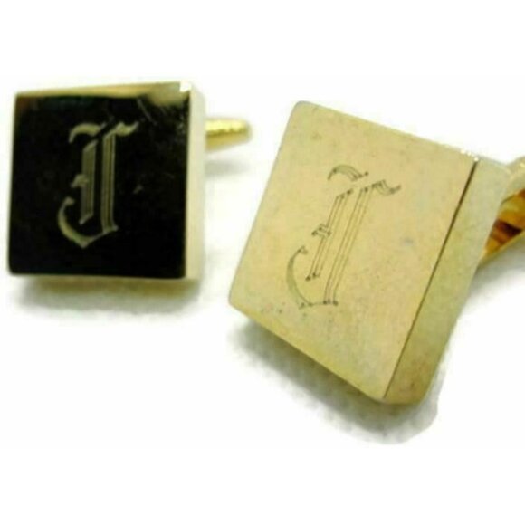 "J" Monogram Men Cufflinks Bullet Square 1" x 3/4" Gold Tone - Picture 2 of 9